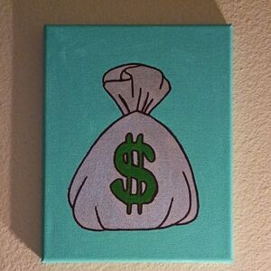 Handmade Handpainted Money Bag Acrylic Painting On Stretched Canvas 8x10"